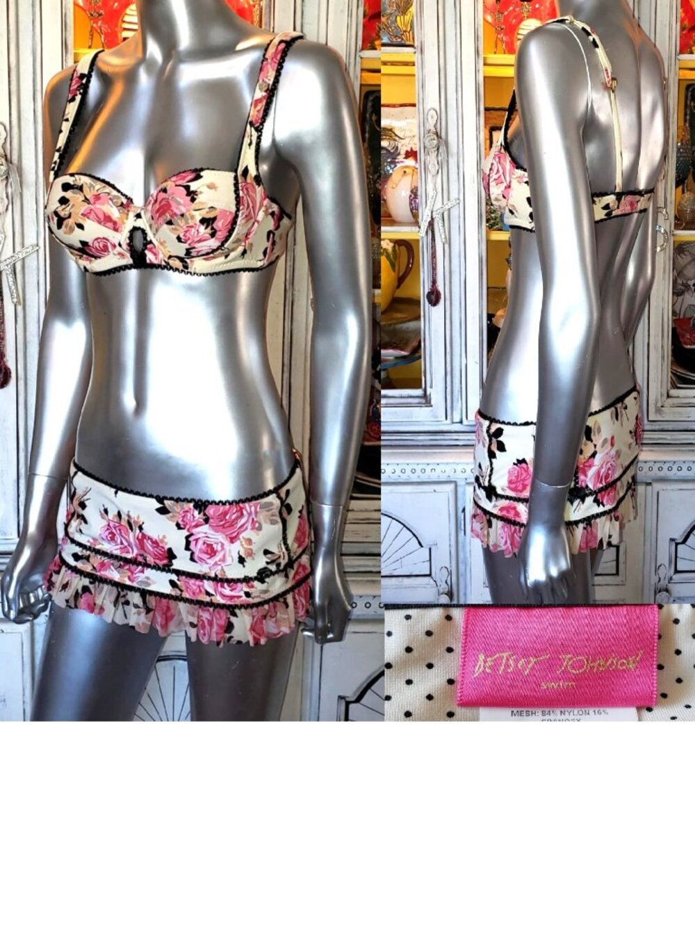 $SOLD$ Vintage Betsey Johnson Gypsy Rose Bikini Skirt Pink Floral Lace Swimsuit - Picture 2 of 15